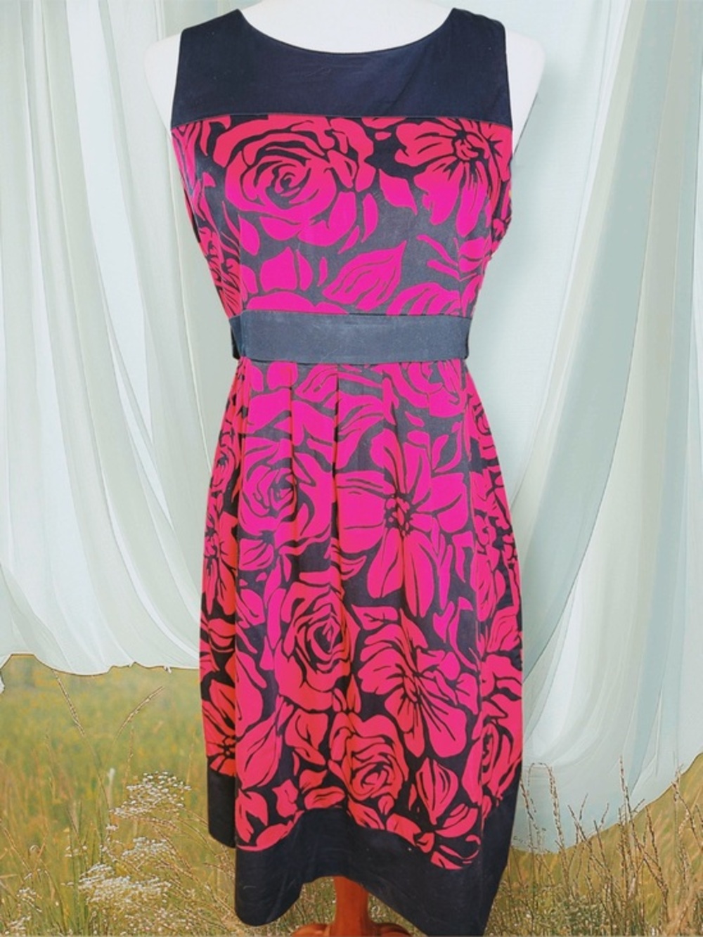 Motherhood Maternity Black and Hot Pink Floral Sleeveless Midi Dress